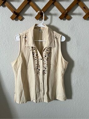 Christopher & Banks Cream Sleeveless Embellished Button Front Blouse